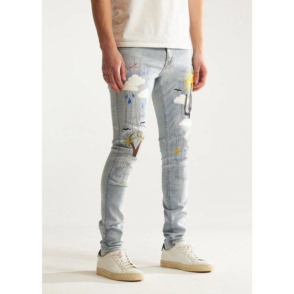 Embellish NYC Men's Indio Embroidered Distressed Skinny Fit Stretch Denim Jeans - Picture 3 of 5